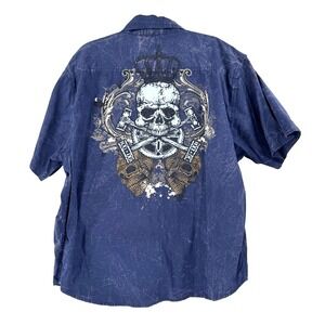 REFLECTION by Roadblock Graphic Button Front Shirt Mens Large Blue Skull Tie Dye